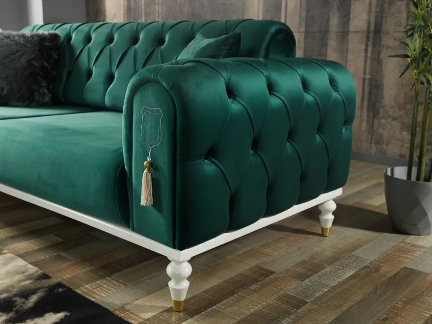 Casa Padrino Luxus Chesterfield Schlafsofa Grün / Weiß / Gold 230 x 95 x H. 83 cm - Wohnzimmer Sofa mit 3 Kissen - Luxus Wohnzimmer Möbel
