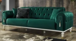 Casa Padrino Luxus Chesterfield Schlafsofa Grün / Weiß / Gold 230 x 95 x H. 83 cm - Wohnzimmer Sofa mit 3 Kissen - Luxus Wohnzimmer Möbel