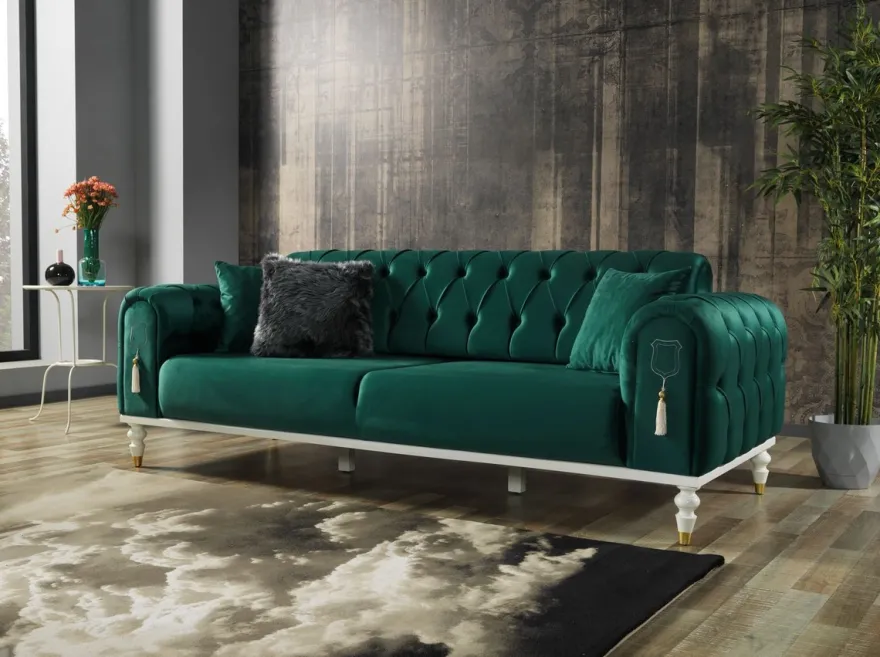 Casa Padrino Luxus Chesterfield Schlafsofa Grün / Weiß / Gold 230 x 95 x H. 83 cm - Wohnzimmer Sofa mit 3 Kissen - Luxus Wohnzimmer Möbel