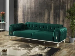 Casa Padrino Luxus Chesterfield Schlafsofa Grün / Weiß / Gold 230 x 95 x H. 83 cm - Wohnzimmer Sofa mit 3 Kissen - Luxus Wohnzimmer Möbel