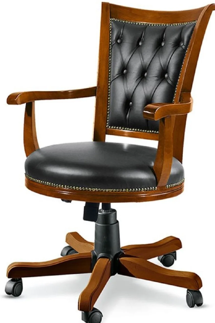 Casa Padrino Luxus Chesterfield Bürostuhl Schwarz / Braun 59 x 60 x H. 100-110 cm - Höhenverstellbarer Schreibtischstuhl mit Echtleder - Büromöbel - Chesterfield Möbel - Echtleder Möbel