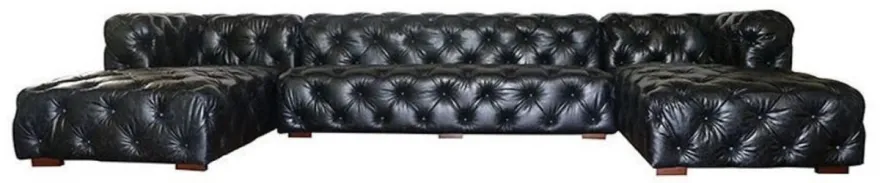 Casa Padrino Luxus Chesterfield Leder U-Form Sofa Vintage Schwarz / Braun 415 x 200 x H. 74 cm - 3-Teiliges Echtleder Wohnzimmer Sofa - Wohnzimmer Möbel - Chesterfield Möbel - Luxus Möbel