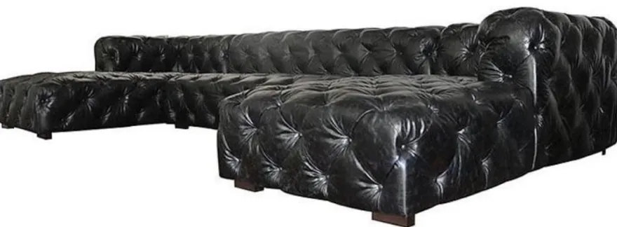 Casa Padrino Luxus Chesterfield Leder U-Form Sofa Vintage Schwarz / Braun 415 x 200 x H. 74 cm - 3-Teiliges Echtleder Wohnzimmer Sofa - Wohnzimmer Möbel - Chesterfield Möbel - Luxus Möbel