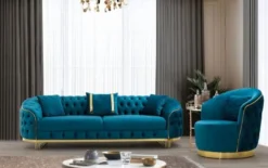 Casa Padrino Luxus Chesterfield Sessel Türkis / Gold 90 x 95 x H. 75 cm - Moderner Wohnzimmer Sessel - Chesterfield Wohnzimmer Möbel