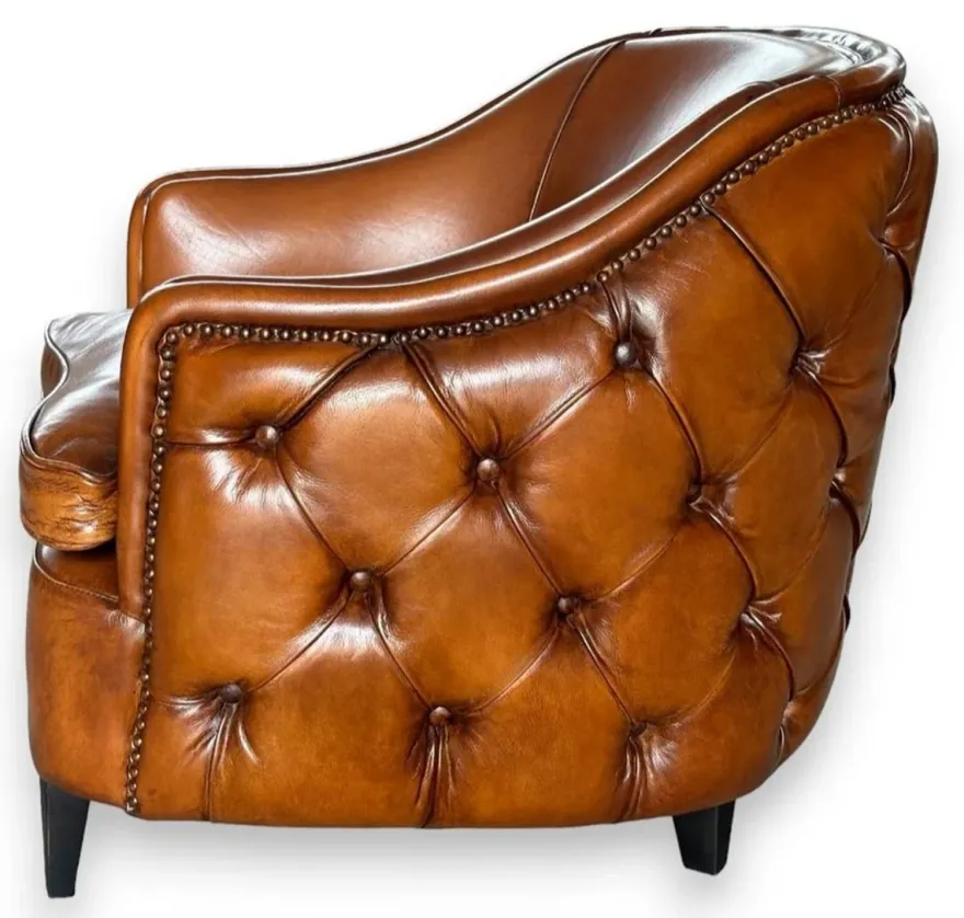Casa Padrino Luxus Chesterfield Leder Sessel Hellbraun / Schwarz - Echtleder Wohnzimmer Möbel