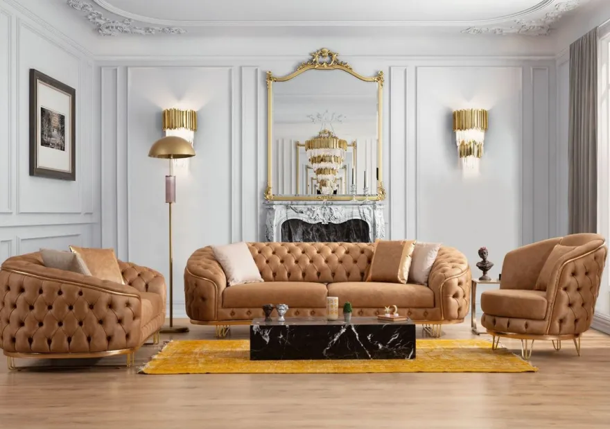 Casa Padrino Luxus Chesterfield Wohnzimmer Set Vintage Braun / Messing - 2 Luxus Chesterfield Sofas & 2 Luxus Chesterfield Sessel - Wohnzimmer Möbel - Luxus Möbel - Chesterfield Möbel