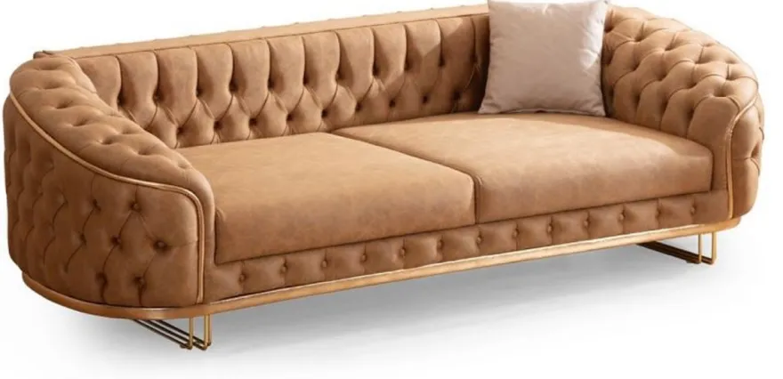 Casa Padrino Luxus Chesterfield Wohnzimmer Set Vintage Braun / Messing - 2 Luxus Chesterfield Sofas & 2 Luxus Chesterfield Sessel - Wohnzimmer Möbel - Luxus Möbel - Chesterfield Möbel