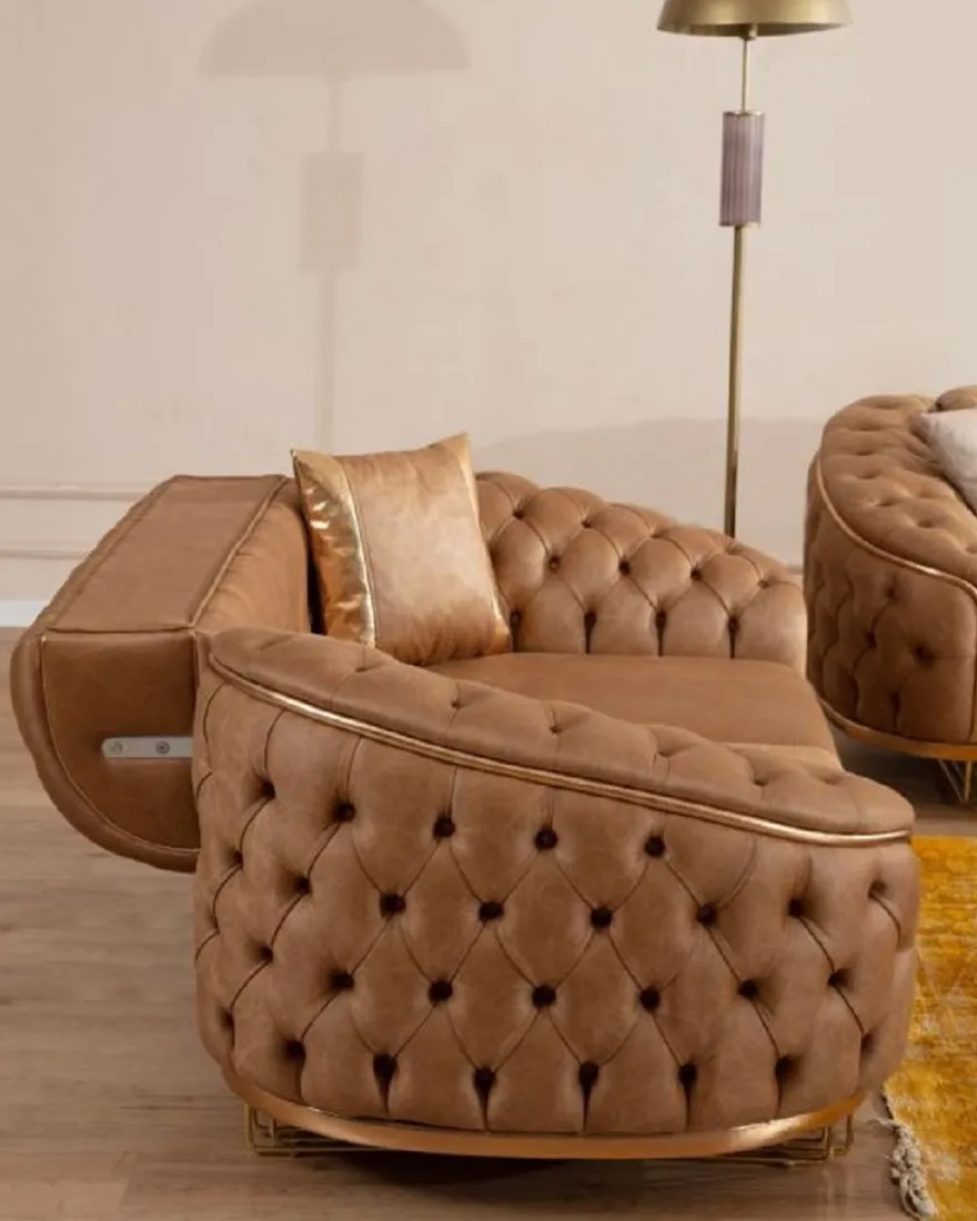 Casa Padrino Luxus Chesterfield Wohnzimmer Set Vintage Braun / Messing - 2 Luxus Chesterfield Sofas & 2 Luxus Chesterfield Sessel - Wohnzimmer Möbel - Luxus Möbel - Chesterfield Möbel