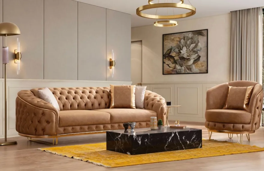 Casa Padrino Luxus Chesterfield Wohnzimmer Set Vintage Braun / Messing - 2 Luxus Chesterfield Sofas & 2 Luxus Chesterfield Sessel - Wohnzimmer Möbel - Luxus Möbel - Chesterfield Möbel