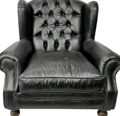 Casa Padrino Luxus Chesterfield Leder Ohrensessel Vintage Schwarz / Dunkelbraun - Chesterfield Echtleder Wohnzimmer Sessel - Wohnzimmer Möbel - Chesterfield Möbel - Echtleder Möbel - Luxus Möbel