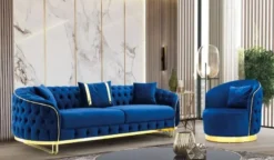 Casa Padrino Luxus Chesterfield Sessel Blau / Gold 90 x 95 x H. 75 cm - Moderner Wohnzimmer Sessel - Chesterfield Wohnzimmer Möbel