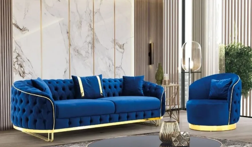 Casa Padrino Luxus Chesterfield Sessel Blau / Gold 90 x 95 x H. 75 cm - Moderner Wohnzimmer Sessel - Chesterfield Wohnzimmer Möbel