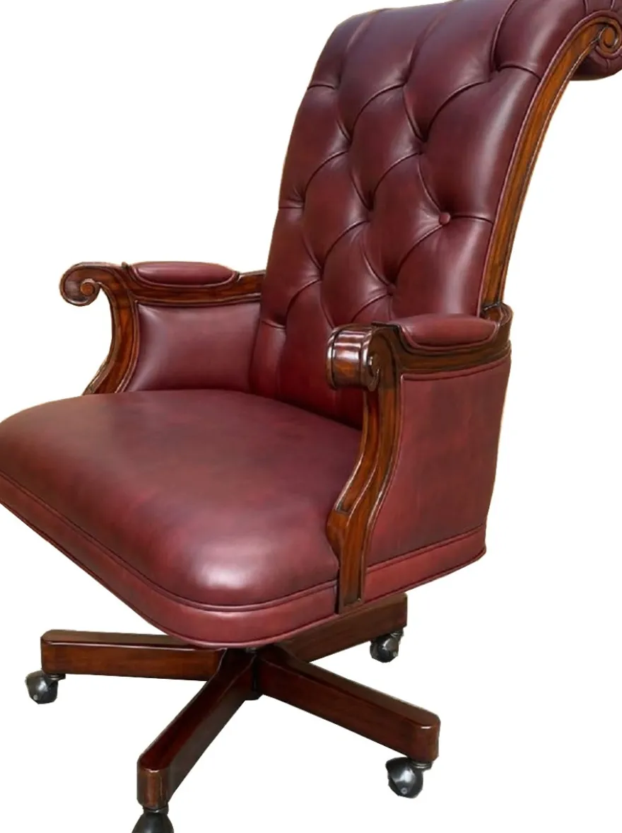 Casa Padrino Luxus Chesterfield Leder Bürostuhl Bordeauxrot / Dunkelbraun 71 x 76 x H. 114 cm - Höhenverstellbarer Echtleder Schreibtischstuhl - Chesterfield Möbel - Echtleder Möbel - Luxus Möbel