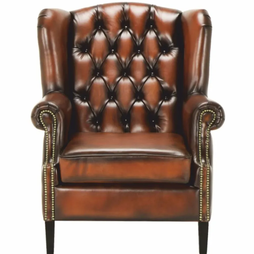 Casa Padrino Luxus Chesterfield Leder Ohrensessel Vintage Braun / Schwarz H. 105 cm