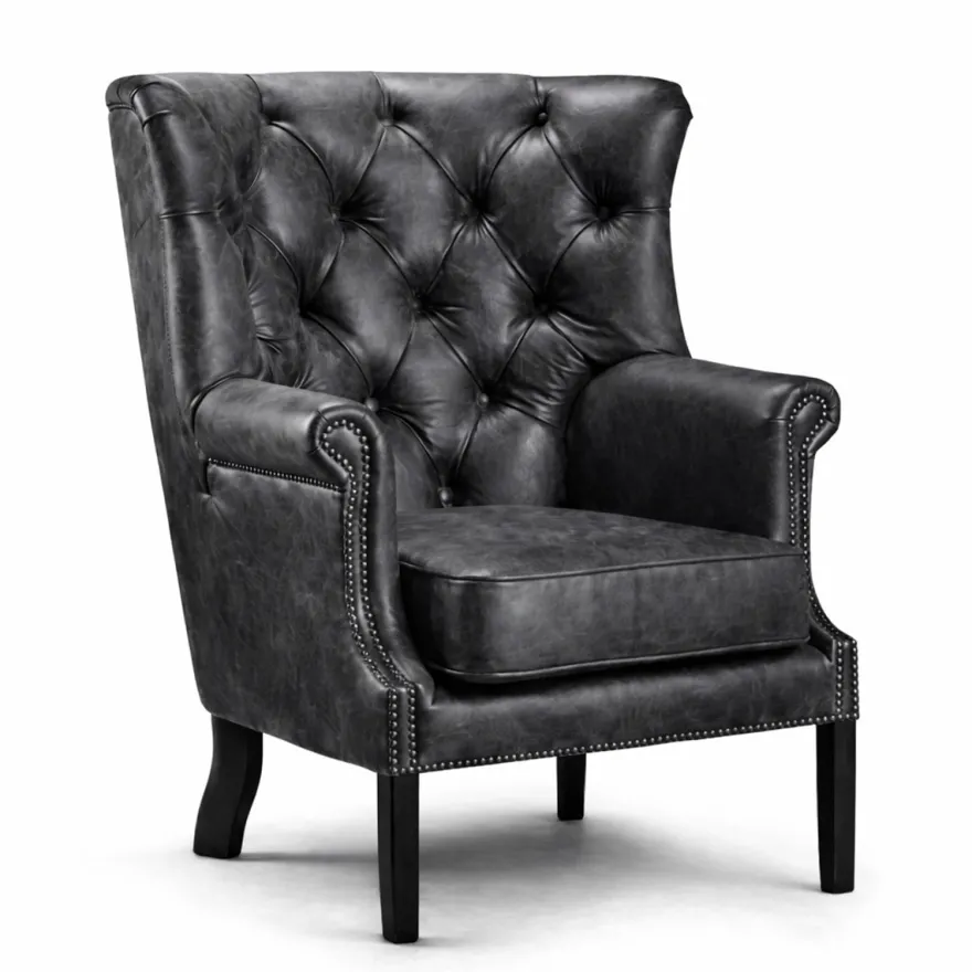 Casa Padrino Luxus Chesterfield Leder Sessel Vintage Dunkelgrau / Schwarz H. 115 cm