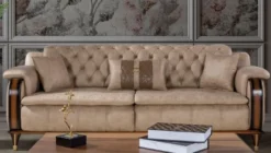 Casa Padrino Luxus Chesterfield Schlafsofa Beige / Braun / Schwarz / Gold 222 x 98 x H. 80 cm - Modernes Wohnzimmer Sofa - Luxus Wohnzimmer Möbel