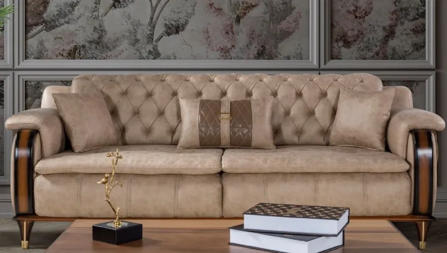 Casa Padrino Luxus Chesterfield Schlafsofa Beige / Braun / Schwarz / Gold 222 x 98 x H. 80 cm - Modernes Wohnzimmer Sofa - Luxus Wohnzimmer Möbel