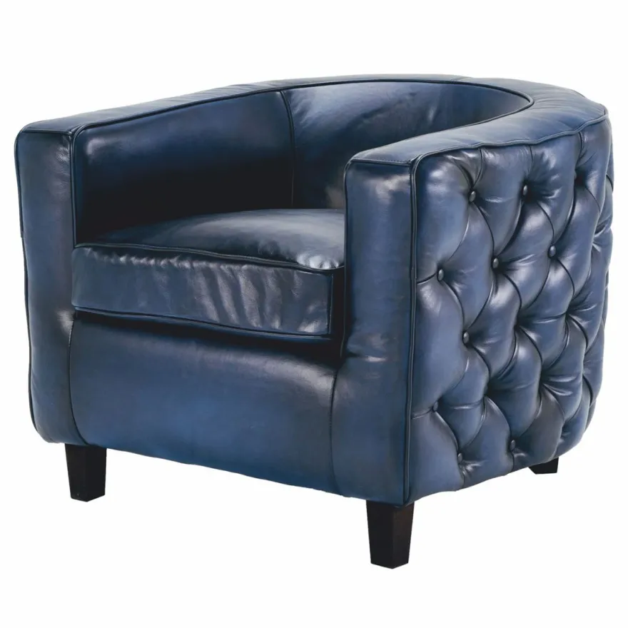 Casa Padrino Luxus Chesterfield Echtleder Sessel Blau / Schwarz - Leder Möbel
