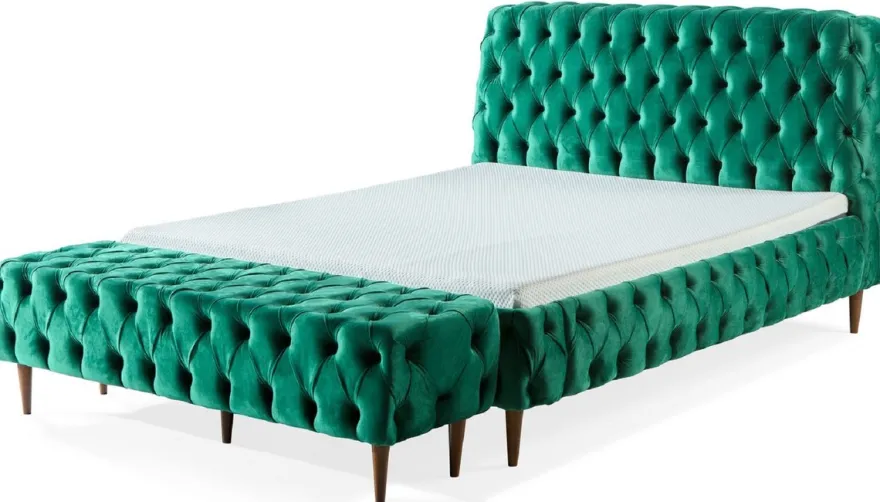 Casa Padrino Luxus Chesterfield Doppelbett Grün / Braun - Verschiedene Größen - Modernes Bett mit Matratze und Sitzbank - Schlafzimmer Möbel