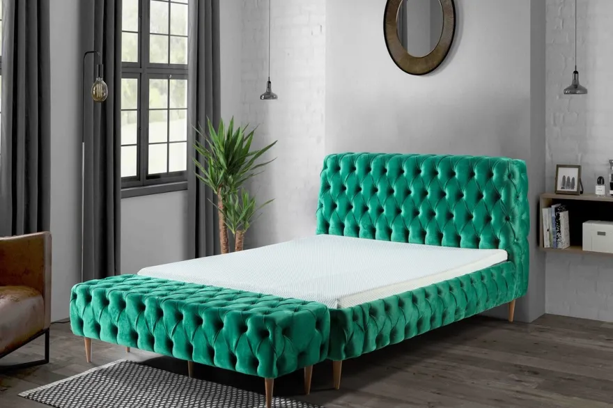 Casa Padrino Luxus Chesterfield Doppelbett Grün / Braun - Verschiedene Größen - Modernes Bett mit Matratze und Sitzbank - Schlafzimmer Möbel
