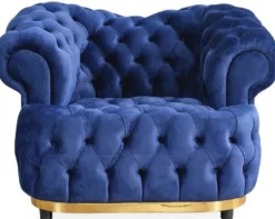 Casa Padrino Luxus Chesterfield Samt Sessel Blau / Gold / Schwarz 110 cm