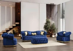 Casa Padrino Luxus Chesterfield Samt Sessel Blau / Gold / Schwarz 110 cm