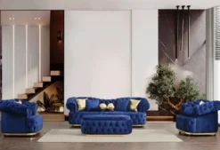 Casa Padrino Luxus Chesterfield Samt Sessel Blau / Gold / Schwarz 110 cm
