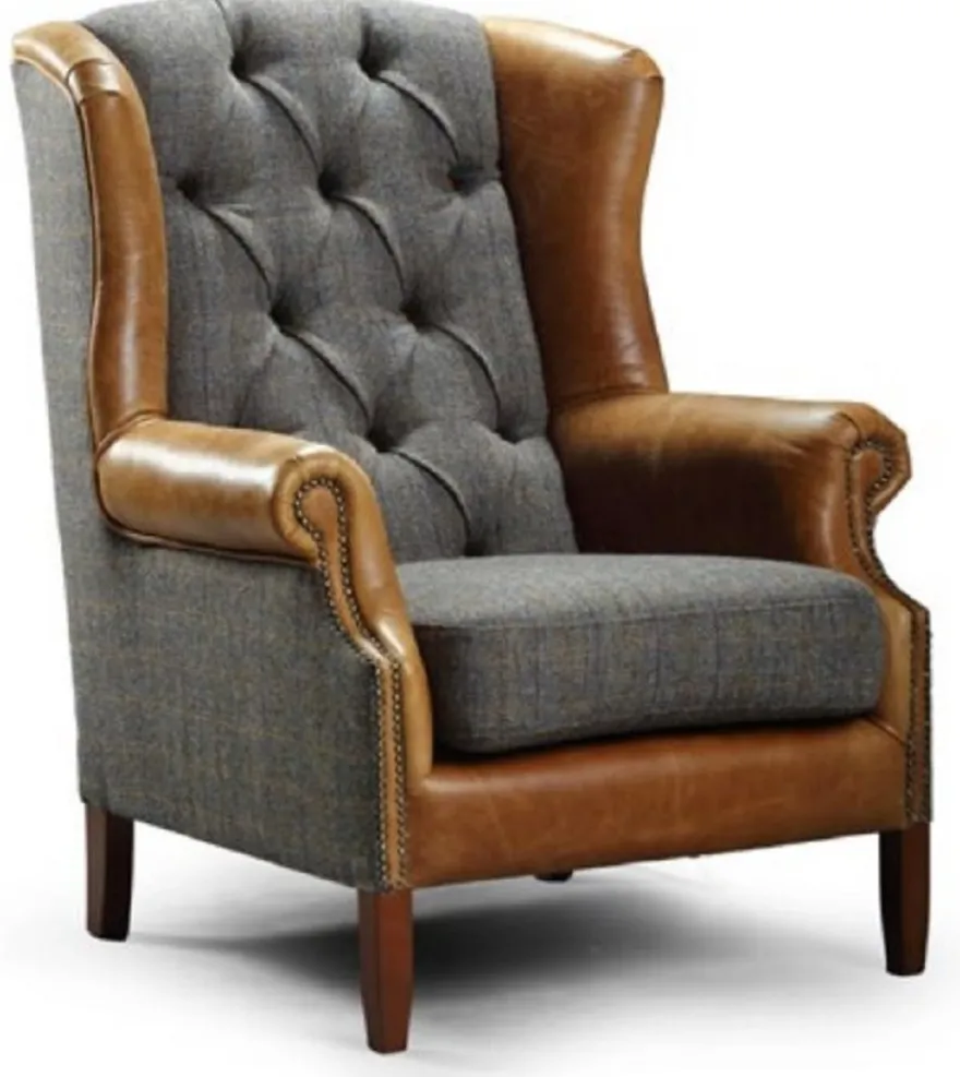 Casa Padrino Luxus Chesterfield Ohrensessel Grau / Braun / Dunkelbraun 83 x 90 x H. 105 cm - Wohnzimmer Sessel mit Echtleder - Chesterfield Wohnzimmer Möbel