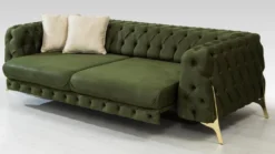 Casa Padrino Luxus Chesterfield Schlafsofa Dunkelgrün / Gold 250 x 95 x H. 72 cm - Modernes Wohnzimmer Sofa - Chesterfield Wohnzimmer Möbel
