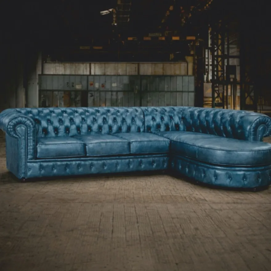 Casa Padrino Luxus Chesterfield Leder Ecksofa Vintage Blau 293 cm - Chesterfield Möbel