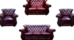 Casa Padrino Luxus Chesterfield Echtleder Wohnzimmer Set Bordeauxrot / Braun / Silber - 2 Leder Sofas & 2 Leder Sessel - Chesterfield Möbel - Wohnzimmer Möbel