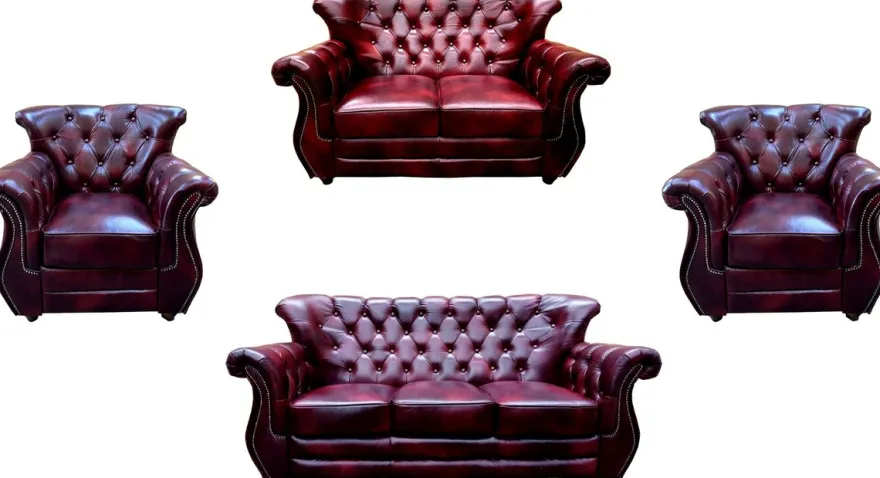 Casa Padrino Luxus Chesterfield Echtleder Wohnzimmer Set Bordeauxrot / Braun / Silber - 2 Leder Sofas & 2 Leder Sessel - Chesterfield Möbel - Wohnzimmer Möbel