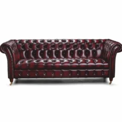 Casa Padrino Luxus Chesterfield Leder 3er Sofa Dunkelweinrot / Messing 235 cm - Echtleder Möbel