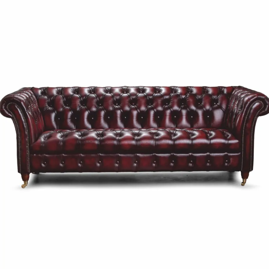 Casa Padrino Luxus Chesterfield Leder 3er Sofa Dunkelweinrot / Messing 235 cm - Echtleder Möbel