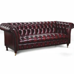 Casa Padrino Luxus Chesterfield Leder 3er Sofa Dunkelweinrot / Messing 235 cm - Echtleder Möbel