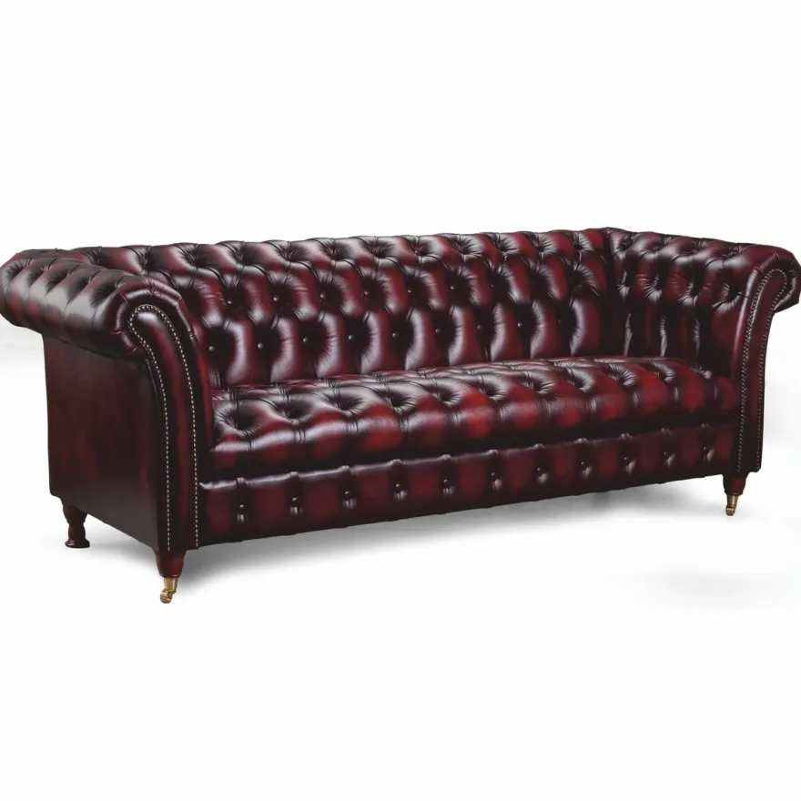 Casa Padrino Luxus Chesterfield Leder 3er Sofa Dunkelweinrot / Messing 235 cm - Echtleder Möbel