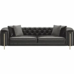 Casa Padrino Luxus Chesterfield Kunstleder Sofa Schwarz / Messing 262 cm - Luxus Möbel