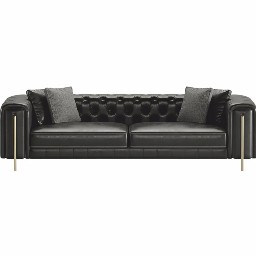 Casa Padrino Luxus Chesterfield Kunstleder Sofa Schwarz / Messing 262 cm - Luxus Möbel