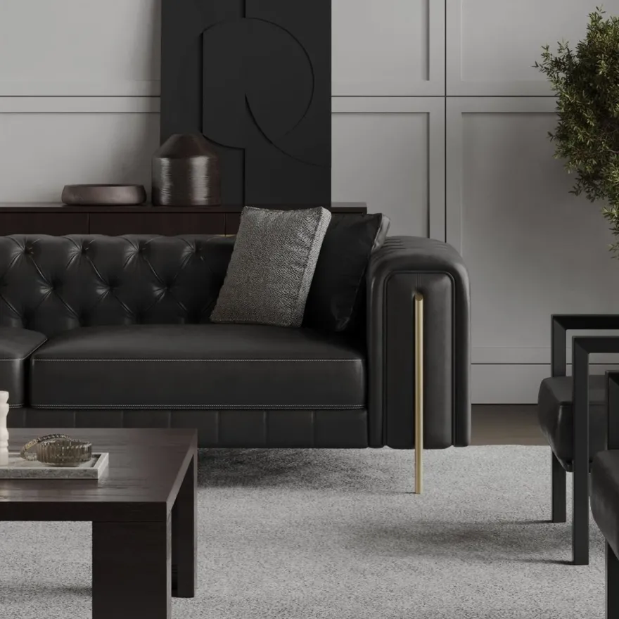 Casa Padrino Luxus Chesterfield Kunstleder Sofa Schwarz / Messing 262 cm - Luxus Möbel
