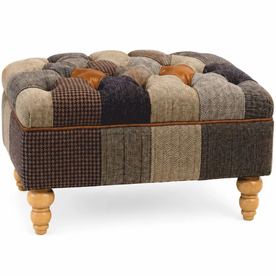 Casa Padrino Luxus Chesterfield Patchwork Hocker Bunt / Naturfarben 90 cm - Rechteckiger Fußhocker - Chesterfield Möbel - Patchwork Möbel