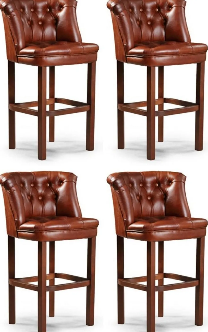 Casa Padrino Luxus Chesterfield Leder Barstuhl 4er Set Braun 63 x 56 x H. 107 cm - Gepolsterte Echtleder Barhocker - Chesterfield Möbel - Chesterfield Barmöbel - Luxus Barmöbel - Echtleder Barmöbel