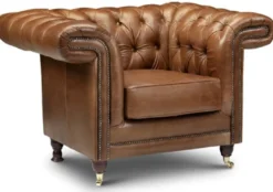 Casa Padrino Luxus Chesterfield Leder Sessel Braun / Dunkelbraun / Gold 127 x 95 x H. 85 cm - Echtleder Wohnzimmer Sessel - Chesterfield Wohnzimmer Möbel