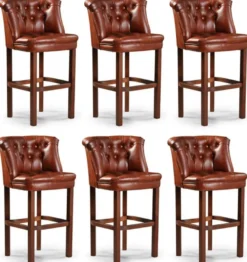 Casa Padrino Luxus Chesterfield Leder Barstuhl 6er Set Braun 63 x 56 x H. 107 cm - Gepolsterte Echtleder Barhocker - Chesterfield Möbel - Chesterfield Barmöbel - Luxus Barmöbel - Echtleder Barmöbel