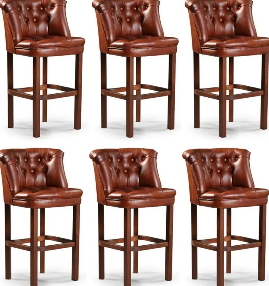 Casa Padrino Luxus Chesterfield Leder Barstuhl 6er Set Braun 63 x 56 x H. 107 cm - Gepolsterte Echtleder Barhocker - Chesterfield Möbel - Chesterfield Barmöbel - Luxus Barmöbel - Echtleder Barmöbel