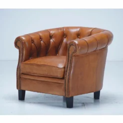 Casa Padrino Luxus Chesterfield Echtleder Sessel Hellbraun / Schwarz - Echtleder Möbel