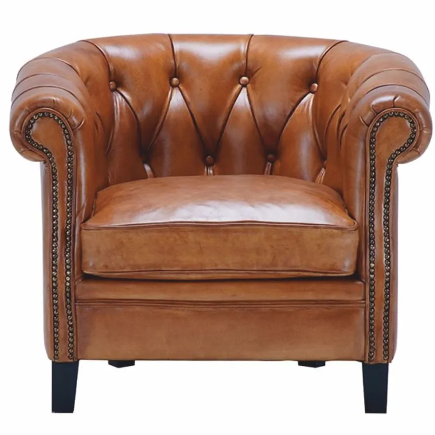 Casa Padrino Luxus Chesterfield Echtleder Sessel Hellbraun / Schwarz - Echtleder Möbel