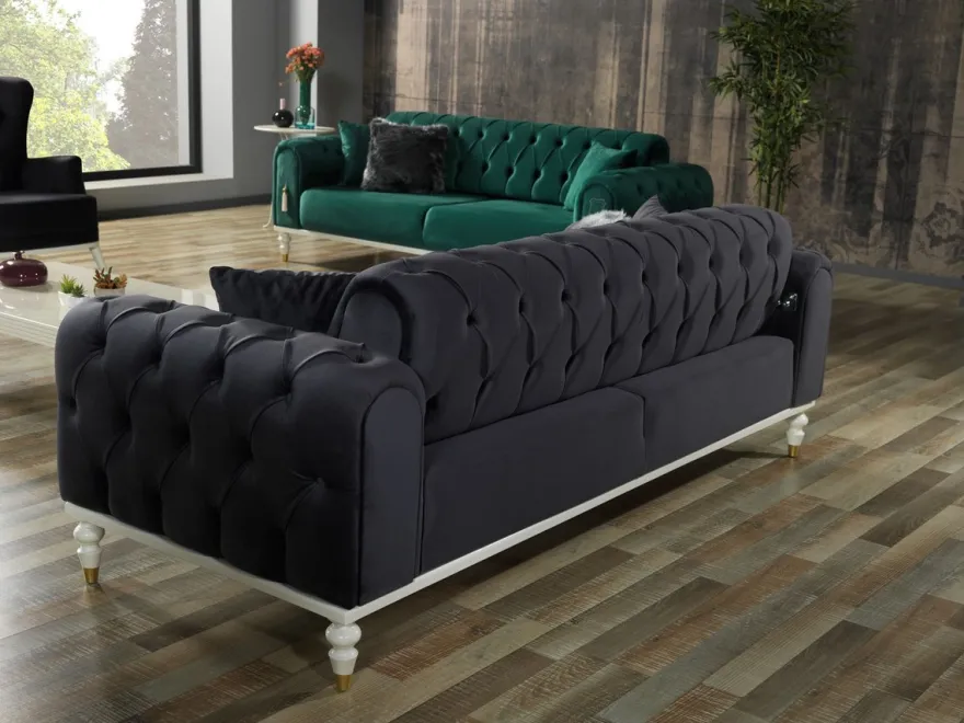 Casa Padrino Luxus Chesterfield Schlafsofa Dunkelgrau / Weiß / Gold 230 x 95 x H. 83 cm - Wohnzimmer Sofa mit 3 Kissen - Luxus Wohnzimmer Möbel