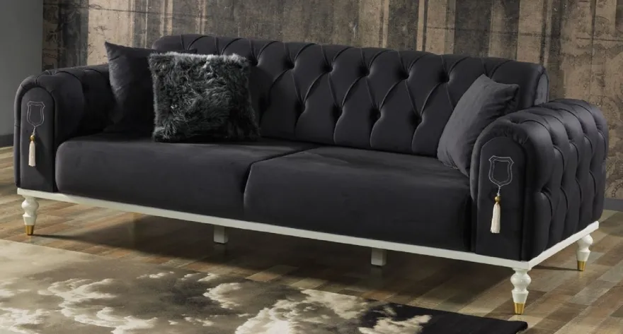 Casa Padrino Luxus Chesterfield Schlafsofa Dunkelgrau / Weiß / Gold 230 x 95 x H. 83 cm - Wohnzimmer Sofa mit 3 Kissen - Luxus Wohnzimmer Möbel