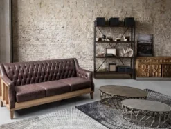 Casa Padrino Luxus Chesterfield Kunstleder Sofa Dunkelbraun / Naturfarben 194,5 x 85 x H. 85 cm - Wohnzimmer Sofa - Wohnzimmer Möbel - Chesterfield Möbel - Luxus Möbel - Luxus Einrichtung