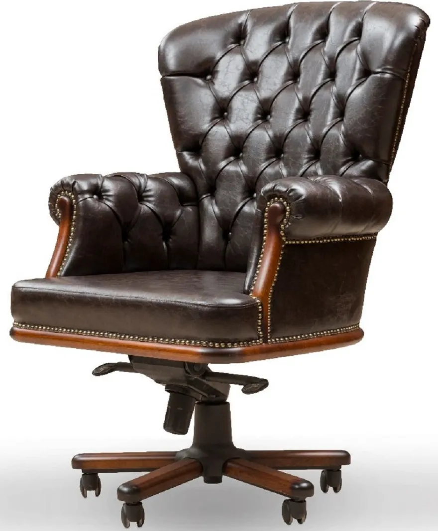 Casa Padrino Luxus Chesterfield Schreibtischstuhl Vintage Schwarz / Braun 84 x 93 x H. 114 cm - Höhenverstellbarer Kunstleder Bürostuhl - Büro Möbel - Chesterfield Möbel - Luxus Möbel